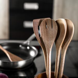 Wooden Spoons for Cooking Wooden Kitchen Utensil and Kitchen Utensil Holder Set of 5 Wooden Cooking Utensils Spatula Set Including Spoon, Turner and Slotted Spoon with Long Handle