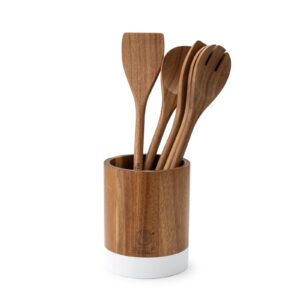 Wooden Spoons for Cooking Wooden Kitchen Utensil and Kitchen Utensil Holder Set of 5 Wooden Cooking Utensils Spatula Set Including Spoon, Turner and Slotted Spoon with Long Handle