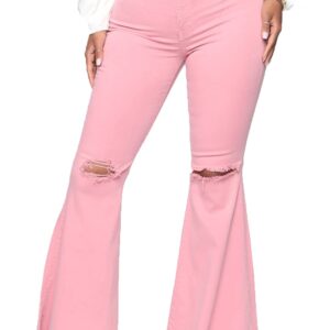 vunahzma Women's Flare Bell Bottom Pink Jeans Knee Ripped Fitted Destroyed Flare Denim Pants 70s Outfits for Women(X-Large, Pink-4014)