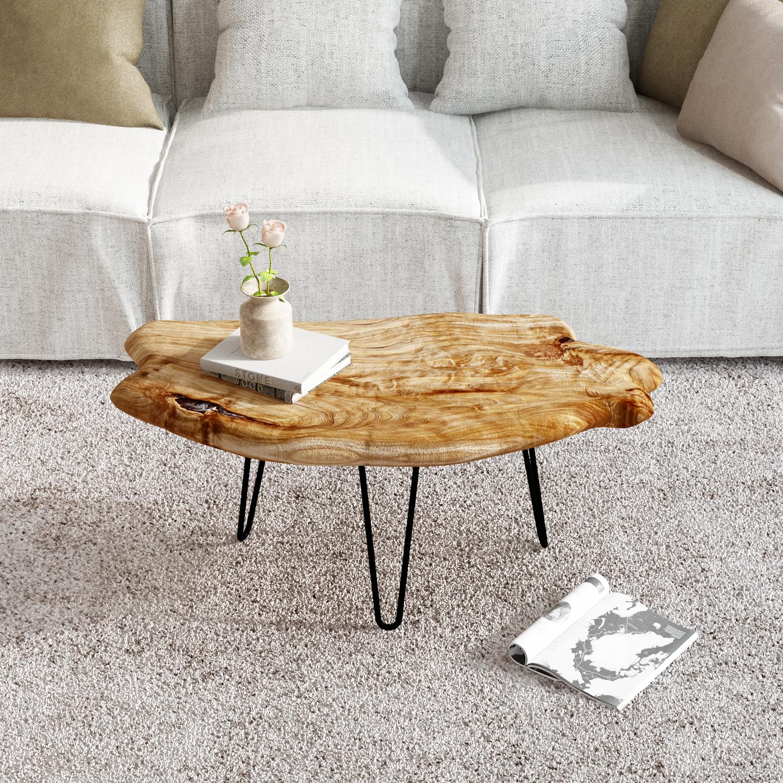 WELLAND Live Edge Cedar Wood Coffee Table Metal Hairpin Legs for Living Room