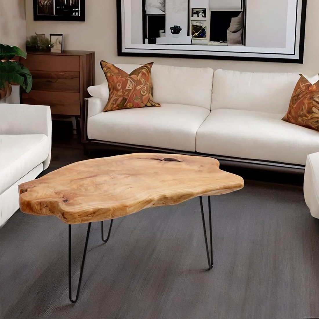 WELLAND Live Edge Cedar Wood Coffee Table Metal Hairpin Legs for Living Room