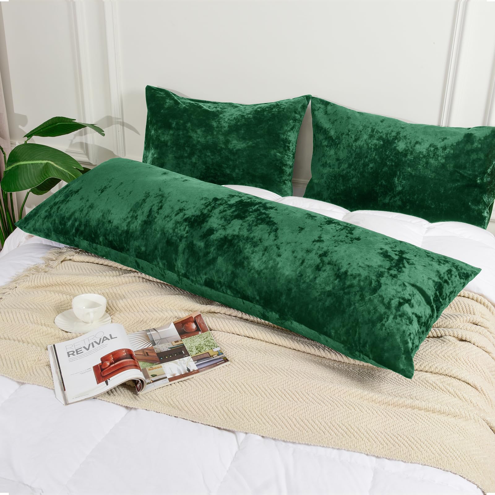 PHF Truly Velvet Zippered Body Pillowcase, No Insert, 1 Pack Ultra Soft Breathable Pillow Sham Cover with Zipper, 20"X 54" Long Luxury Cozy Warm Fuzzy Flannel Body Pillow Case, Emerald Green