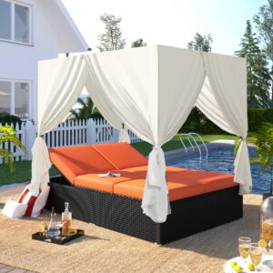 n naansi patio chaise lounge, pe rattan outdoor patio wicker sunbed daybed with adjustable seats, four-sided canopy, overhead curtain and cushions for backyard, garden, poolside, orange+black rattan