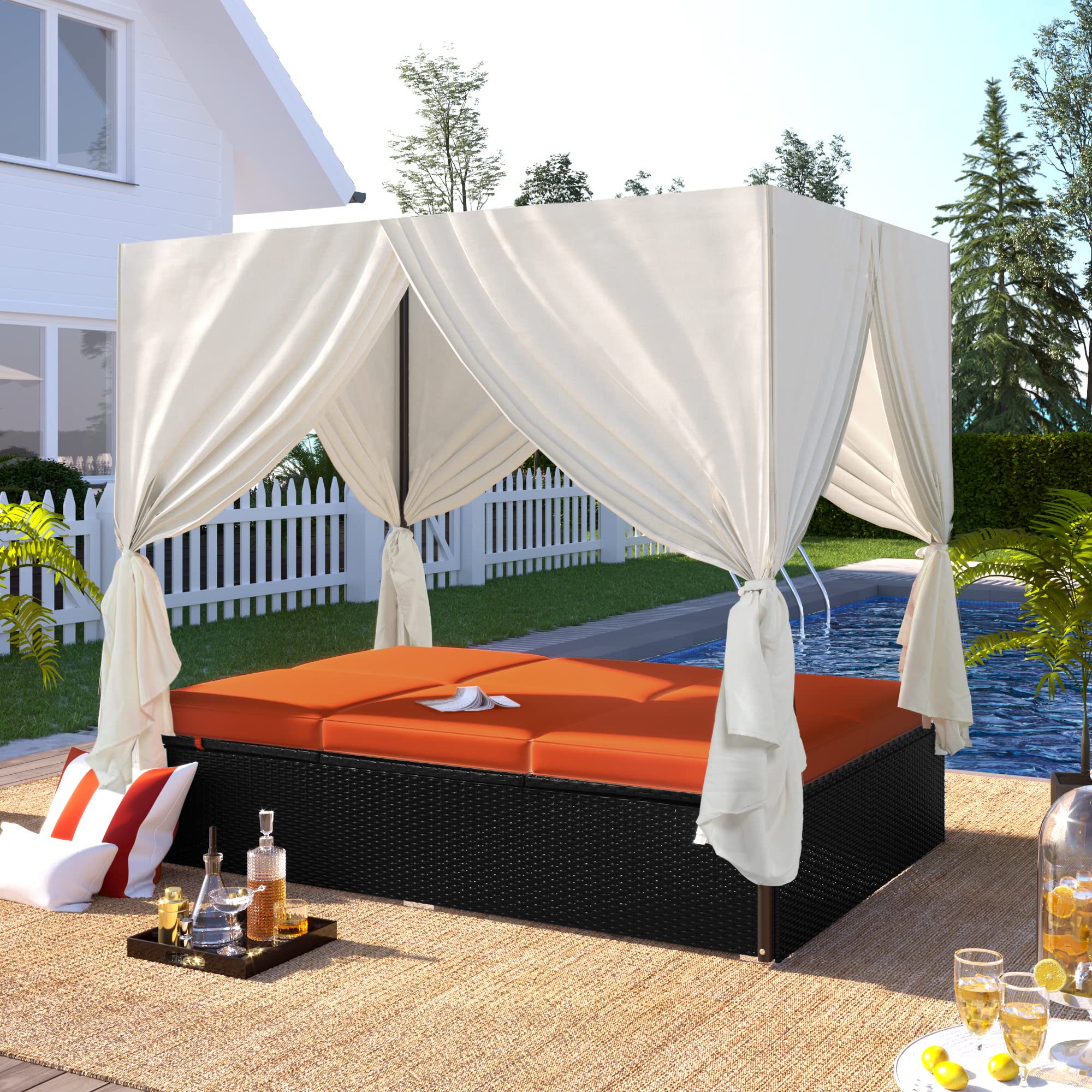 N NAANSI Patio Chaise Lounge, PE Rattan Outdoor Patio Wicker Sunbed Daybed with Adjustable Seats, Four-sided Canopy, Overhead Curtain and Cushions for Backyard, Garden, Poolside, Orange+Black Rattan