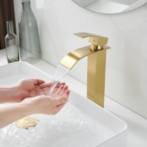 BWE Vessel Sink Faucet Modern Waterfall Brushed Gold Single Hole Bathroom Faucet Single Handle with Pop up Drain without Overflow Assembly Vanity Basin Bath Sink Faucets Mixer Tap Lead-Free