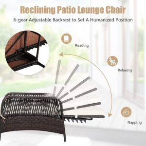 HAPPYGRILL PE Rattan Lounge Chair Outdoor Recliner Patio Chaise Lounger with Extra Waist Pillow, Reclining Chair with 6 Adjustable Gears for Outdoor Beach Pool Backyard