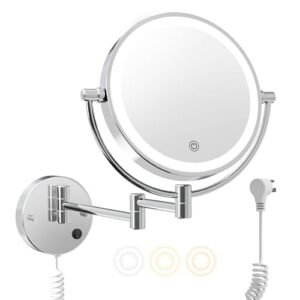 FASCINATE Upgraded Wall Mounted Makeup Mirror with Lights, Super Large Double Sided 1X/10X Magnifying Mirror for Bathroom, 3 Color Dimmable Lights, 360° Swivel Extendable Plug Vanity Mirror