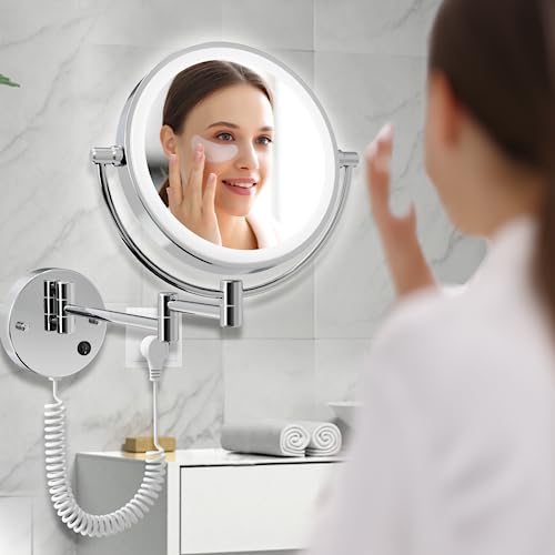 FASCINATE Upgraded Wall Mounted Makeup Mirror with Lights, Super Large Double Sided 1X/10X Magnifying Mirror for Bathroom, 3 Color Dimmable Lights, 360° Swivel Extendable Plug Vanity Mirror