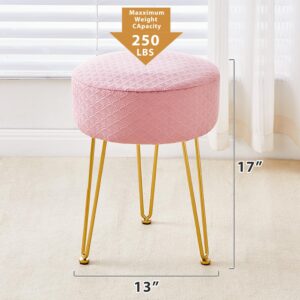 Cpintltr Vanity Stool FootStools Velvet Ottoman Round Ottoman Modern Dressing Stool with Metal Leg Vanity Stool for Living Room Pink