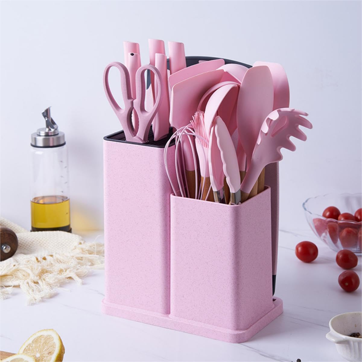 19 Pieces Kitchen Utensils and Knife Set with Block, with 9 Piece Silicone Cooking Utensils Set 5 Piece Sharp Stainless Steel Chef Knives Scissors Whisk Tongs and Cutting Board (19 in 1) (Pink)