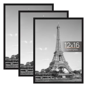 upsimples 12x16 frame black 3 pack, picture frames 12 x 16 for horizontal or vertical wall mounting, scratch-proof wall gallery photo frame