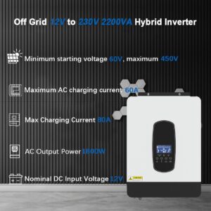 Y&H 2200W Solar Hybrid Inverter DC12V to AC230V,Off-Grid Pure Sine Wave Inverter with 80A MPPT Solar Charger+AC Charger,Max PV 2000W DC55-450V Input,fit for 12V Lead-Acid/Lithium Battery