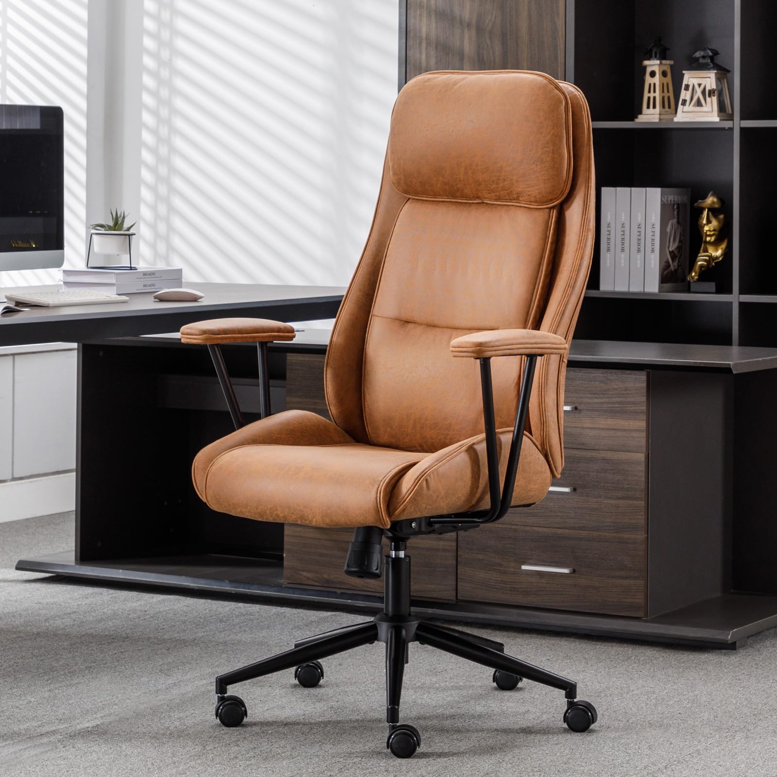 BOWTHY Executive Chair Mid Century Office Modern Chair,55° Reclining High Back Desk Chair with Wheels,Conference Room Chairs,Brown Office Chair,Swivel Chair 330lbs,Computer Chair for Adults