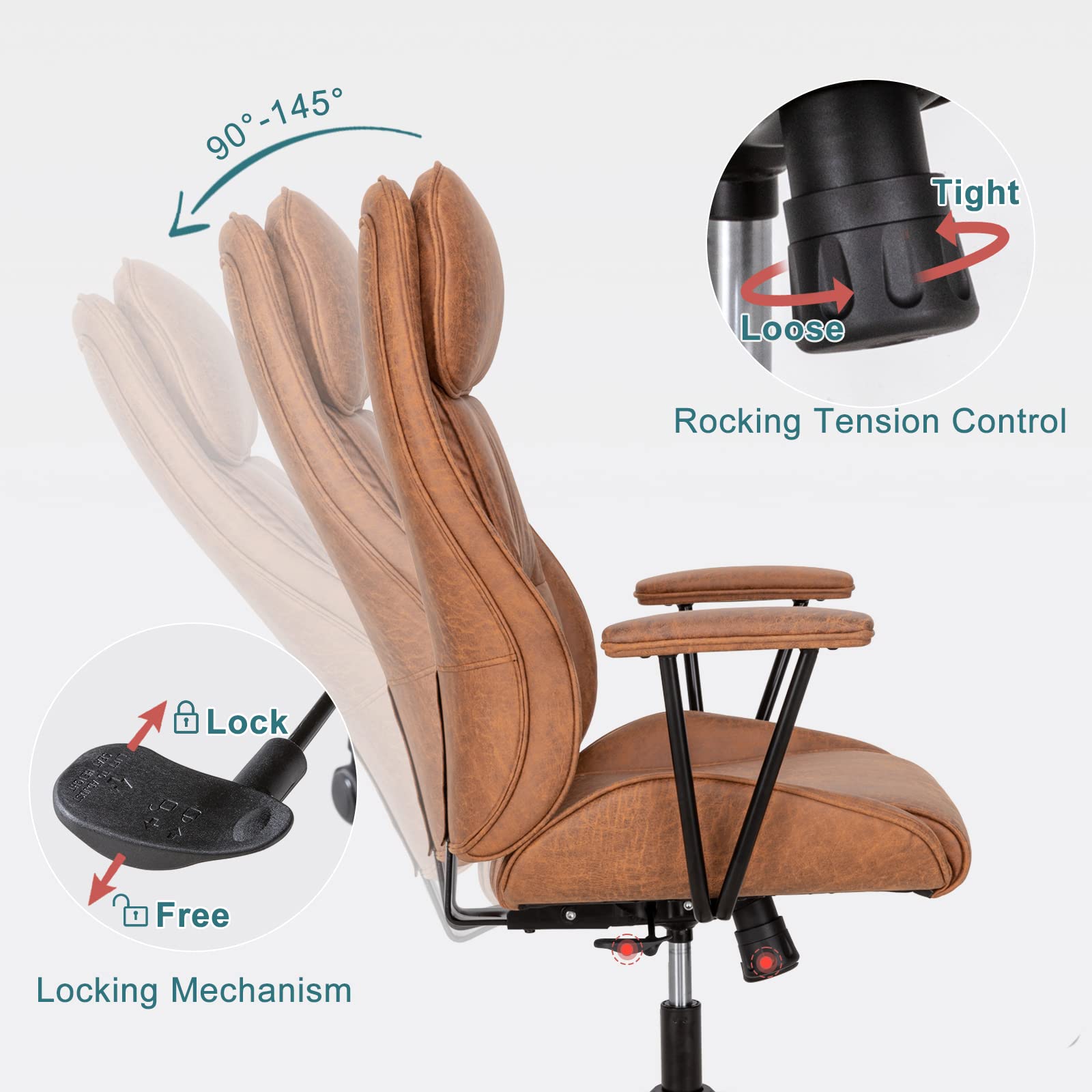 BOWTHY Executive Chair Mid Century Office Modern Chair,55° Reclining High Back Desk Chair with Wheels,Conference Room Chairs,Brown Office Chair,Swivel Chair 330lbs,Computer Chair for Adults