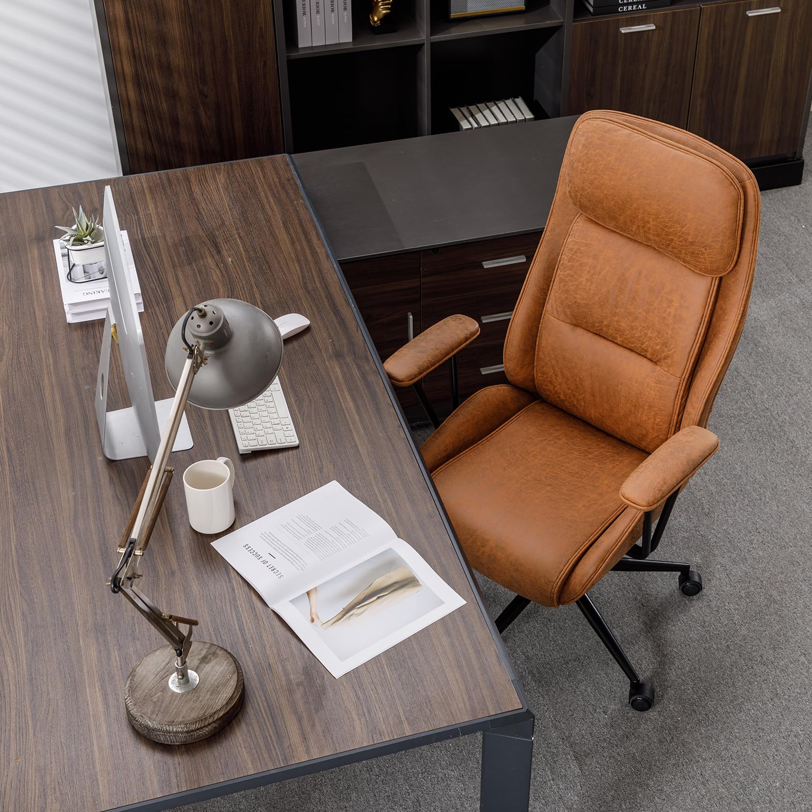 BOWTHY Executive Chair Mid Century Office Modern Chair,55° Reclining High Back Desk Chair with Wheels,Conference Room Chairs,Brown Office Chair,Swivel Chair 330lbs,Computer Chair for Adults