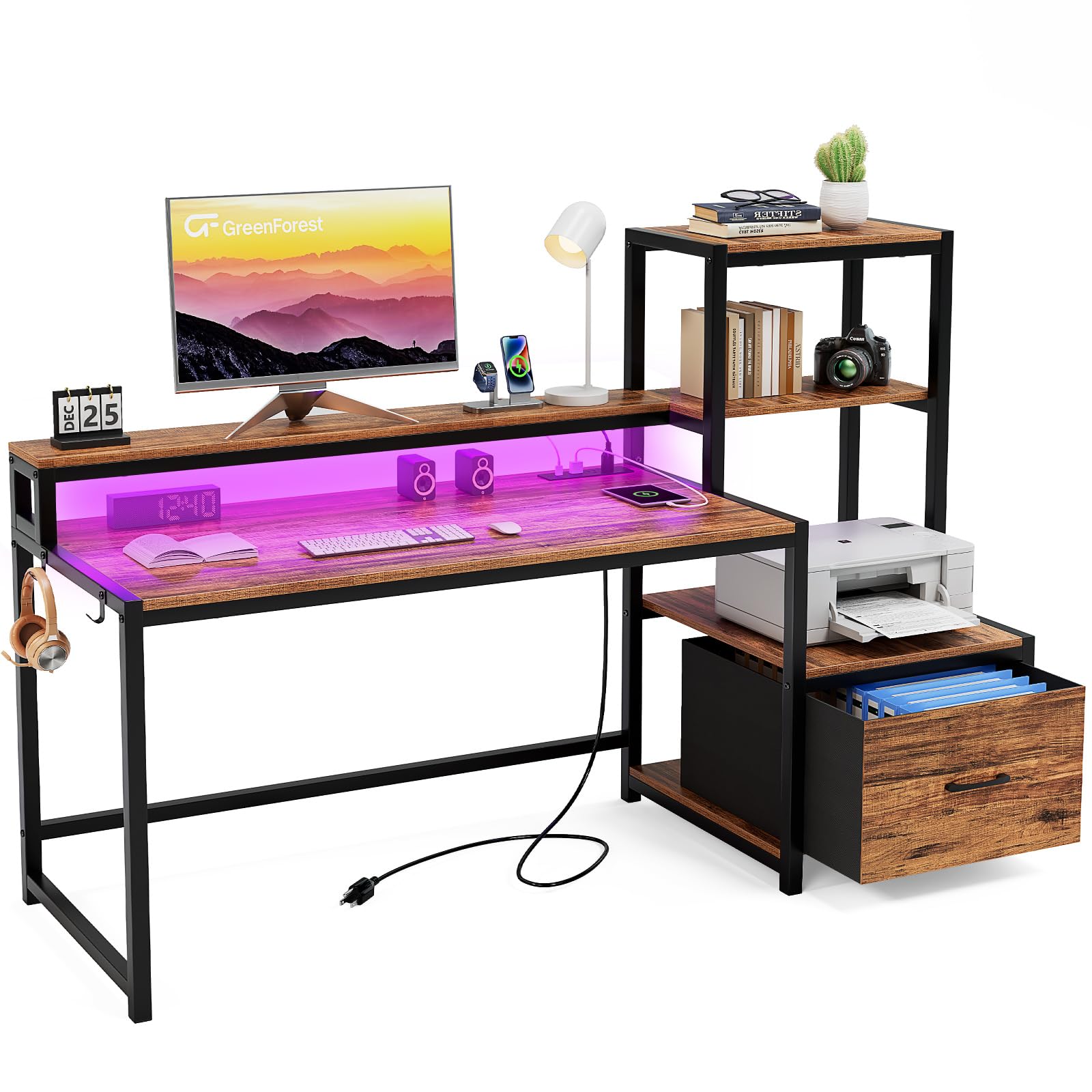 GreenForest Computer Desk with Drawer and Printer Shelf, 59 inch Home Office Desk with LED Lights and Power Outlets, Desk with Storage for Study Gaming Working, Walnut