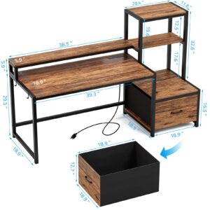 GreenForest Computer Desk with Drawer and Printer Shelf, 59 inch Home Office Desk with LED Lights and Power Outlets, Desk with Storage for Study Gaming Working, Walnut