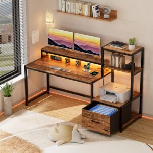 GreenForest Computer Desk with Drawer and Printer Shelf, 59 inch Home Office Desk with LED Lights and Power Outlets, Desk with Storage for Study Gaming Working, Walnut