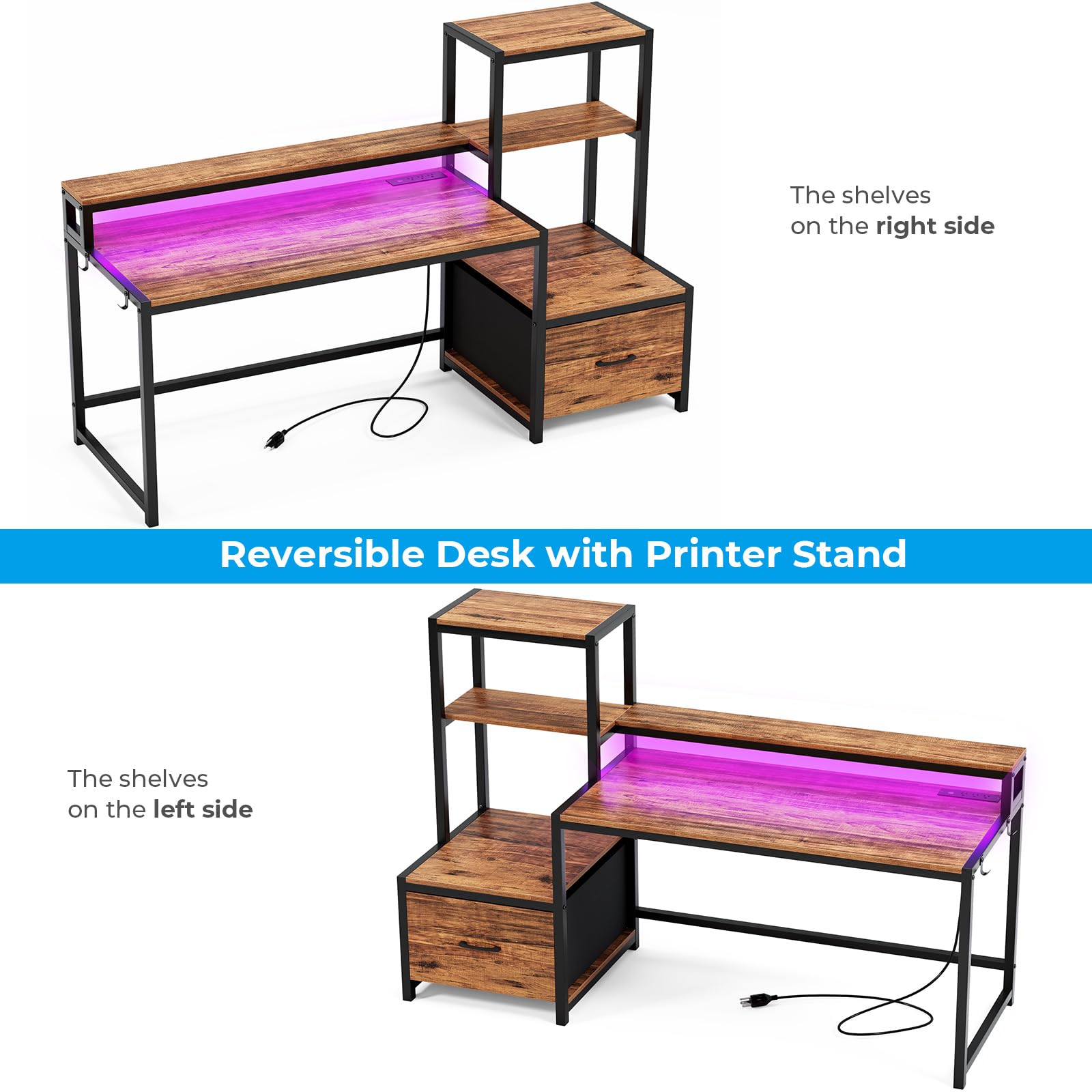 GreenForest Computer Desk with Drawer and Printer Shelf, 59 inch Home Office Desk with LED Lights and Power Outlets, Desk with Storage for Study Gaming Working, Walnut