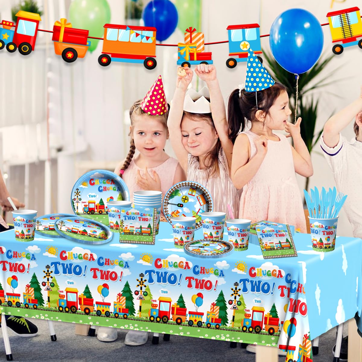 Chugga Chugga Two Two Party Supplies,142PCS Birthday Decoration Train Paper Plates Tableware Set Chuagaa Chugga Two Two Transportation Table cloth Banner Cups for 2nd Birthday Train Party Supplies