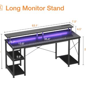 ODK 63 inch Computer Desk with Power Outlets & LED Lights, Gaming Desk with Monitor Stand & Storage Sheves, Home Office Desk, Black