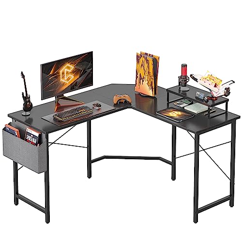 CubiCubi L Shaped Gaming Desk, 47.2 inch Computer Corner Desk with with Carbon Fiber Surface and Monitor Shelf for Home Office Study Writing Workstation, Black