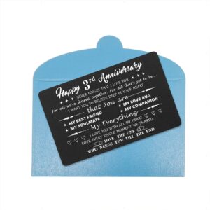 Mataly Happy 3rd Anniversary Card Gifts for Him Her - Never Forget That I Love You - 3 Year Anniversary Engraved Gifts for Husband Wife, Metal Wallet Card