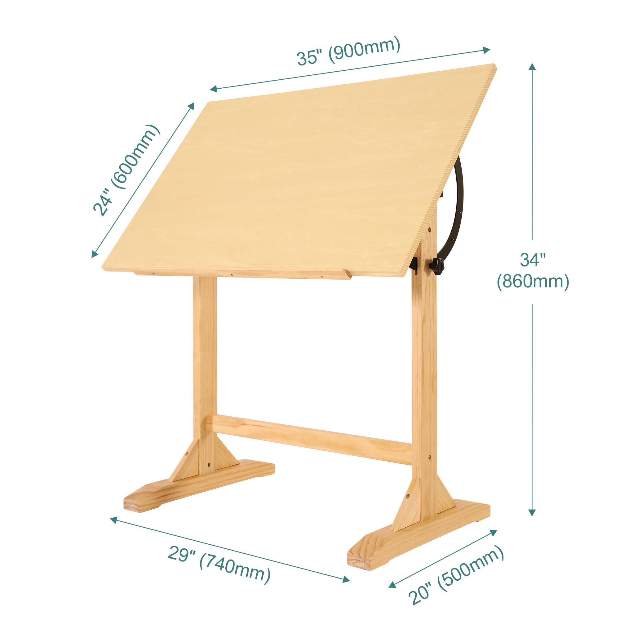 VISWIN 24'' x 35" Artist Drafting Table, Adjustable Angle, 34" Height Solid Pine Wood Drawing Table, Art Table for Adults, Tilts Flat, Art Craft Table for Drawing, Drafting, Writing, Reading