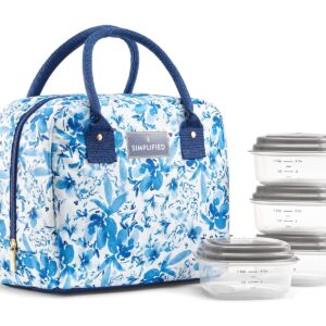 Fit & Fresh Lunch Bag For Women, Insulated Womens Lunch Bag For Work, Leakproof & Stain-Resistant Large Lunch Box For Women With Containers, Zipper Closure Bloomington Bag Blue Floral