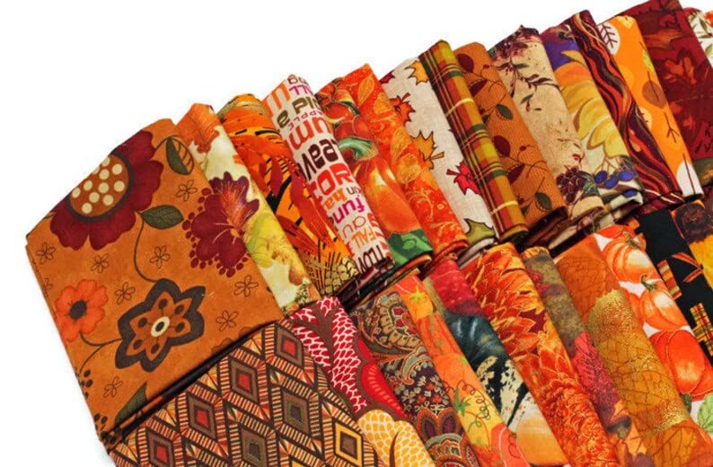 10 Fat Quarters -Autumn Fall Autumnal Nature Leaves Pumpkins Orange Red Assorted Quality Quilters Cotton Fabrics Fat Quarter Bundle