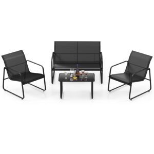 Tangkula 4 Pieces Patio Furniture Set, Outdoor Conversation Set with Tempered Glass Coffee Table, Outdoor Garden Porch Furniture Set with Breathable Fabric and Rustproof Metal Frame (1, Black)