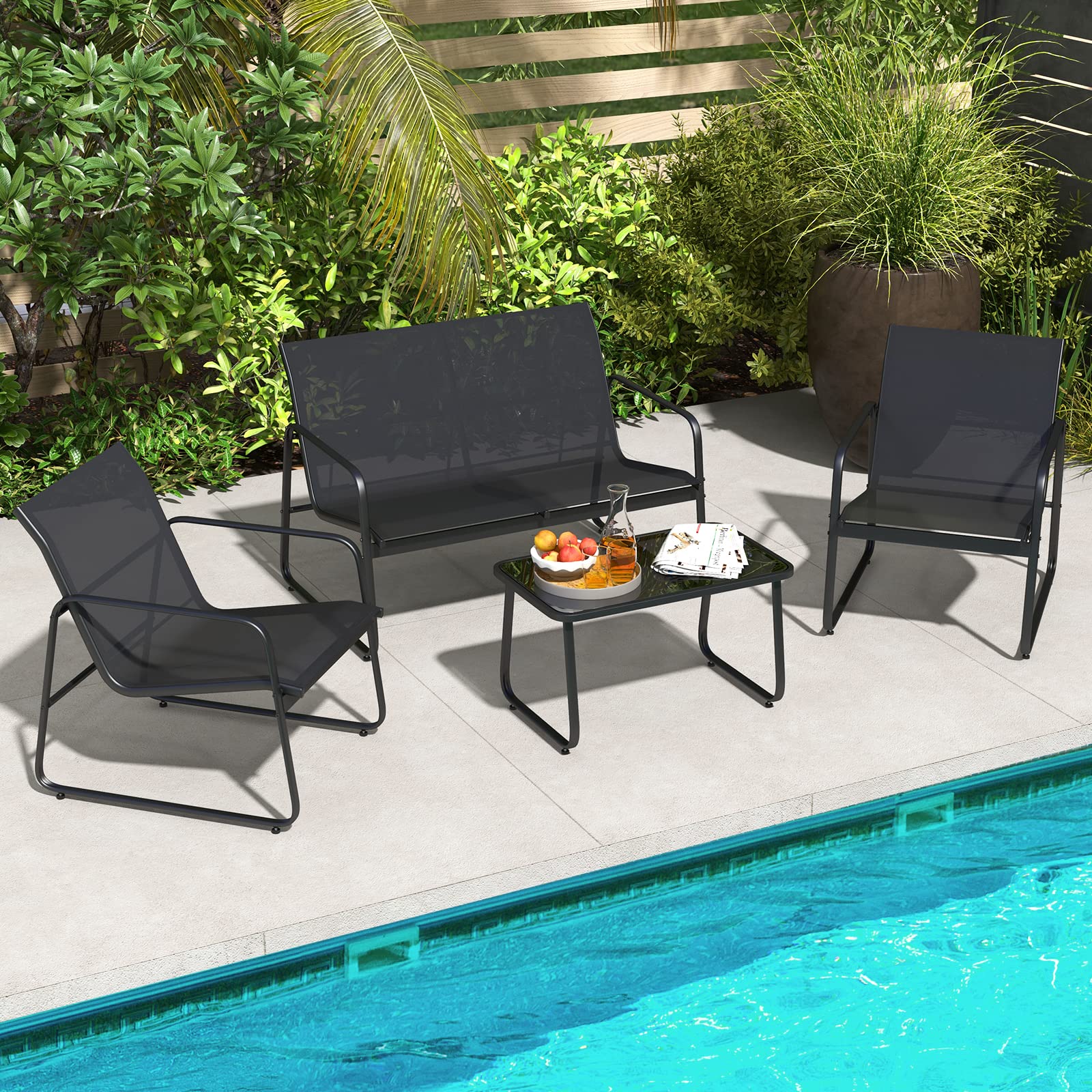 Tangkula 4 Pieces Patio Furniture Set, Outdoor Conversation Set with Tempered Glass Coffee Table, Outdoor Garden Porch Furniture Set with Breathable Fabric and Rustproof Metal Frame (1, Black)