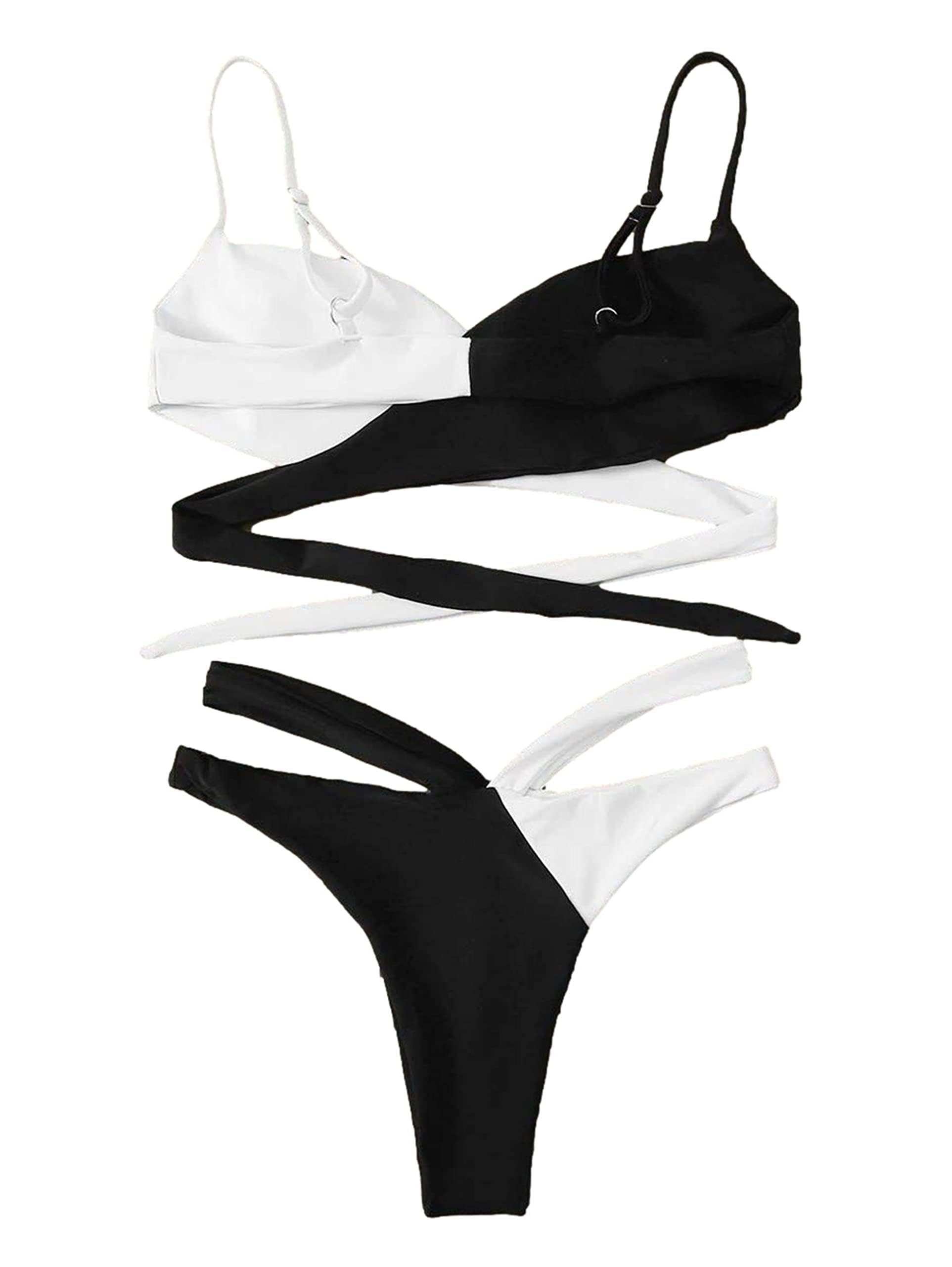 Lilosy Sexy Wrap Criss Cross Cutout Two Tone Color Block High Cut Leg Thong Brazilian Bikini Swimsuit Set Women Cheeky Bottom Tie Back Bathing Suit 2 Piece White and Black 2# Medium