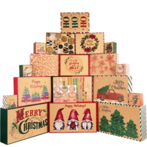 popgiftu 18 kraft christmas boxes with lids for gifts(4 sizes and 18 designs), xmas gift wrap boxes bulk set with tag stickers for holiday present wrapping