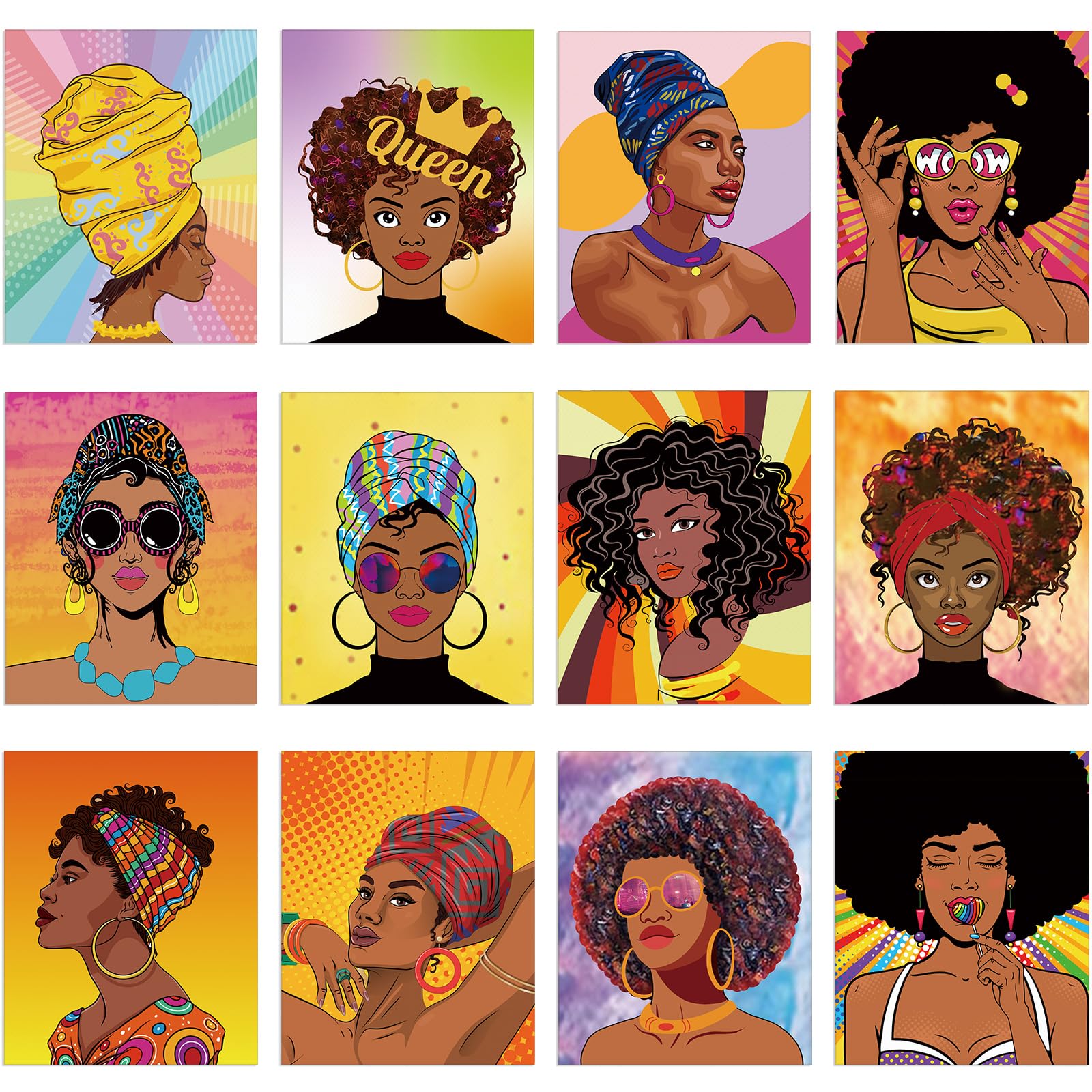 Ctosree 12 Pcs Pre Drawn Canvas for Painting for Adults 8" x 10" Sip and Paint Kit Pre Printed Canvas Bulk Stretched Afro Queen Paint Canvas Set for DIY Paint Party Favors(Women)