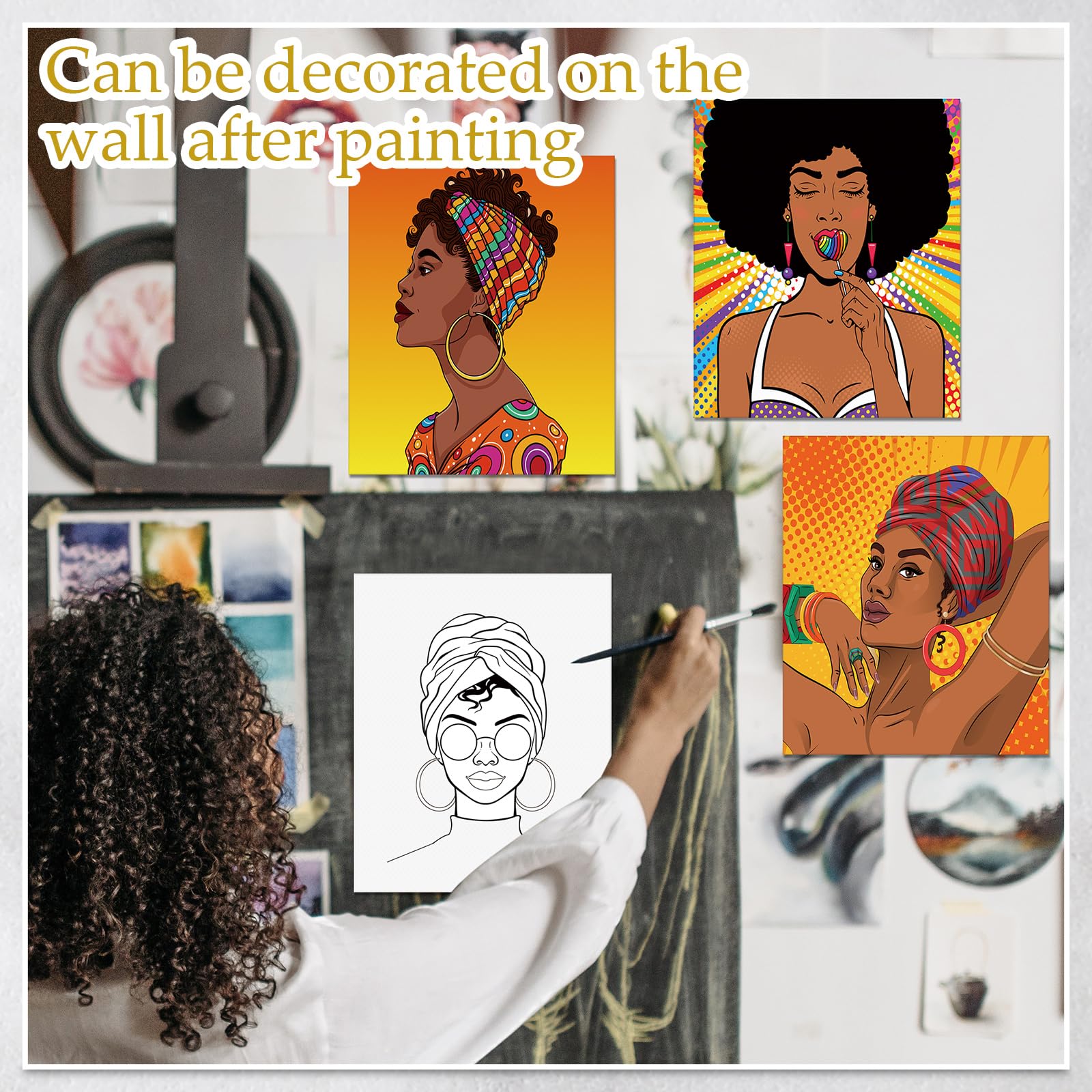 Ctosree 12 Pcs Pre Drawn Canvas for Painting for Adults 8" x 10" Sip and Paint Kit Pre Printed Canvas Bulk Stretched Afro Queen Paint Canvas Set for DIY Paint Party Favors(Women)