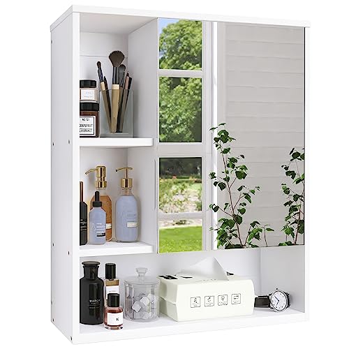 SMIBUY Bathroom Mirror Cabinet Wall Mounted, Bamboo Space Saver Medicine Cabinet, Wall Hanging Over Toilet Storage Cabinet with Mirror Door and Adjustable Shelf (White)