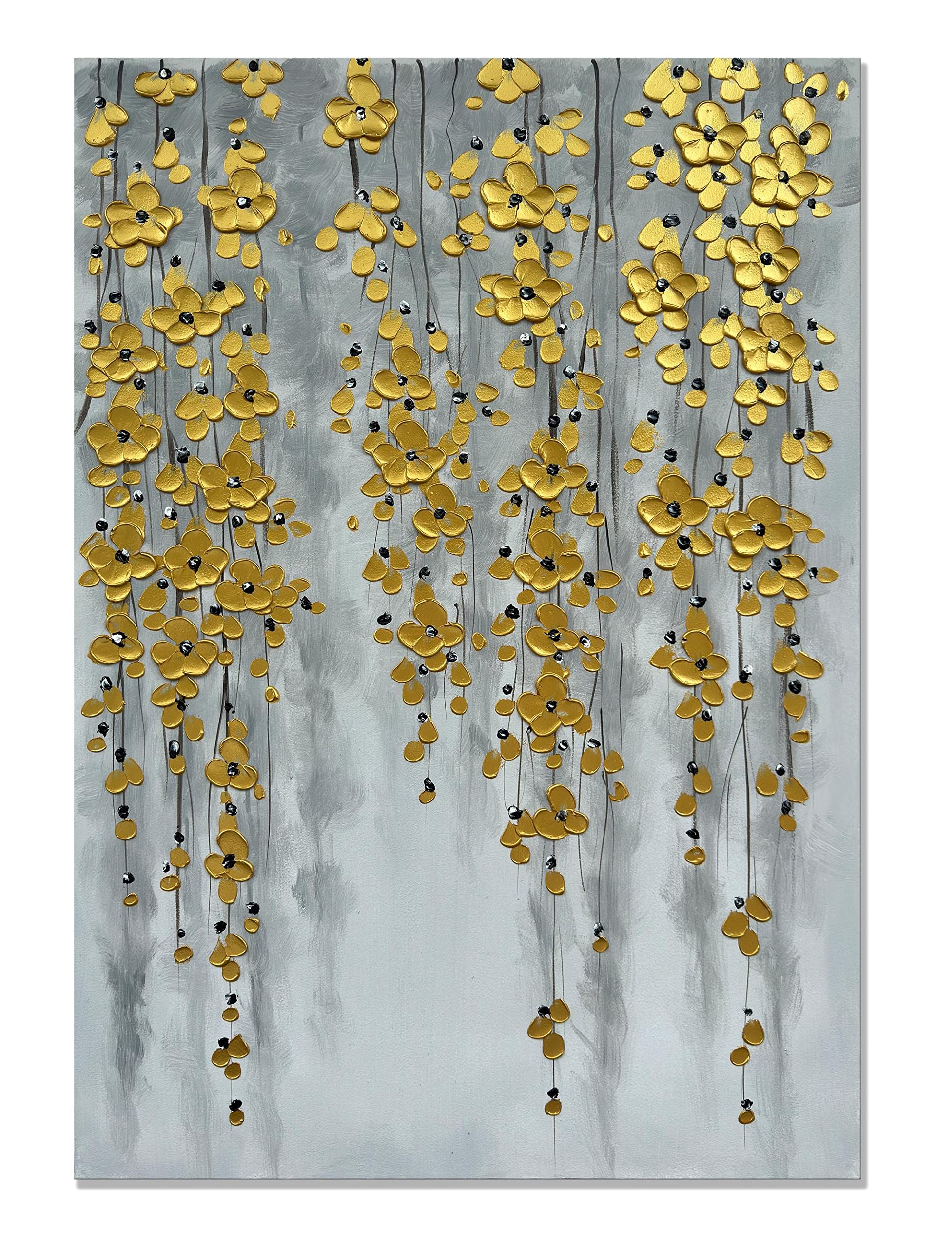 zoinart 3D Modern Oil Painting on Canvas Hand Painted Abstract Flower Paintings Gold Floral Artwork Texture Vertical Canvas Wall Art Contemporary Art