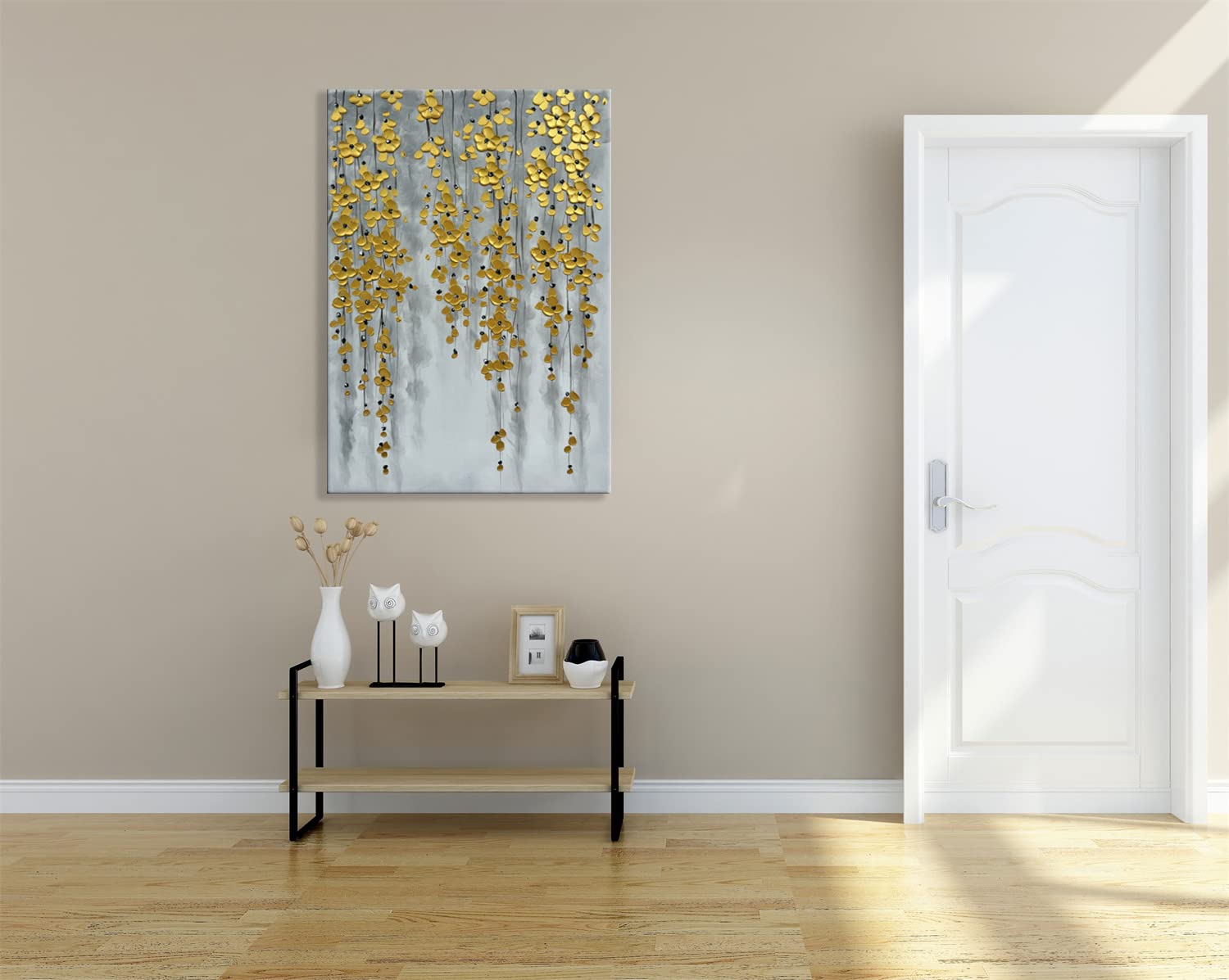 zoinart 3D Modern Oil Painting on Canvas Hand Painted Abstract Flower Paintings Gold Floral Artwork Texture Vertical Canvas Wall Art Contemporary Art