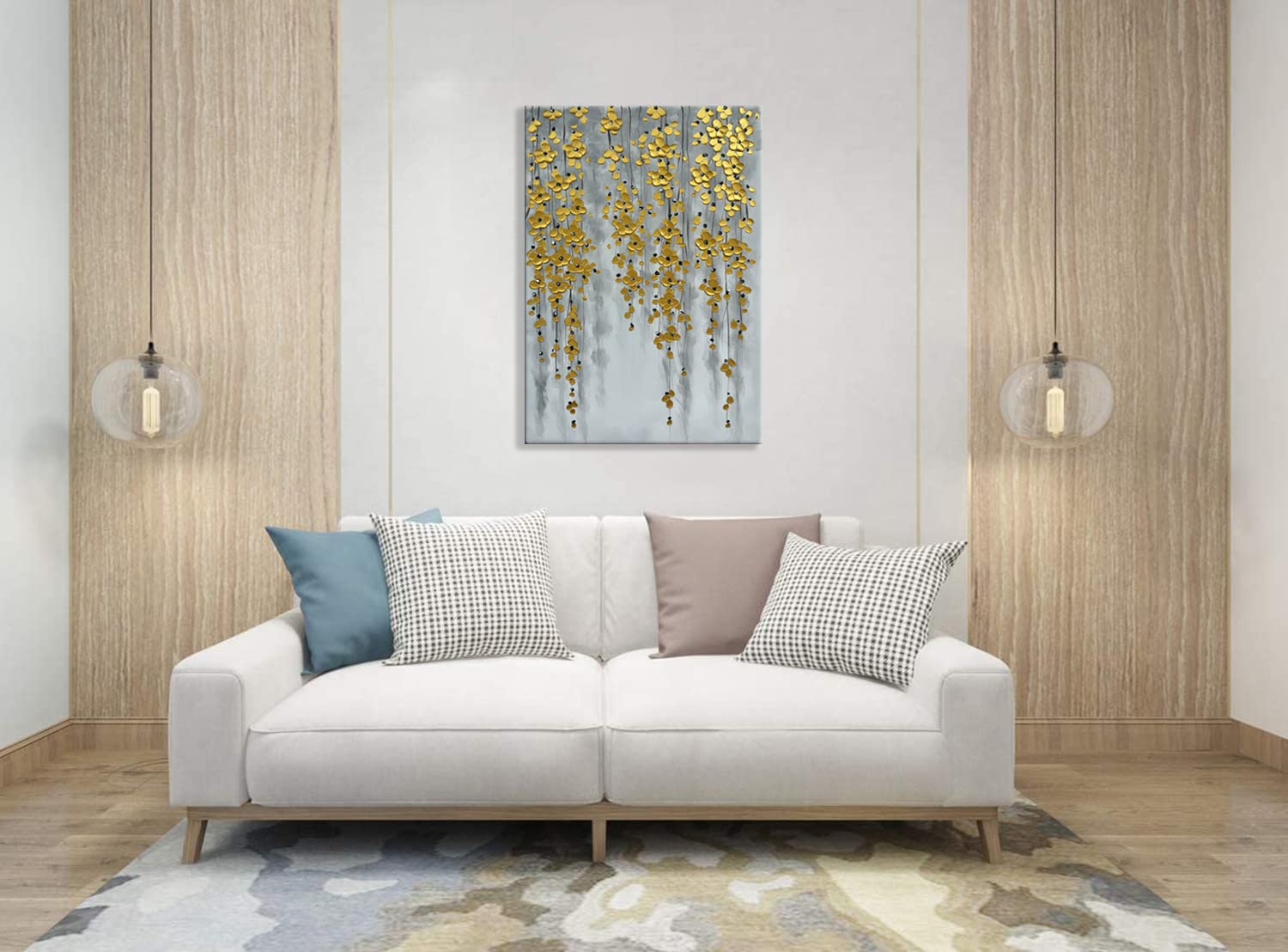 zoinart 3D Modern Oil Painting on Canvas Hand Painted Abstract Flower Paintings Gold Floral Artwork Texture Vertical Canvas Wall Art Contemporary Art