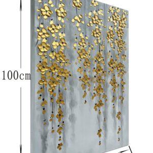 zoinart 3D Modern Oil Painting on Canvas Hand Painted Abstract Flower Paintings Gold Floral Artwork Texture Vertical Canvas Wall Art Contemporary Art