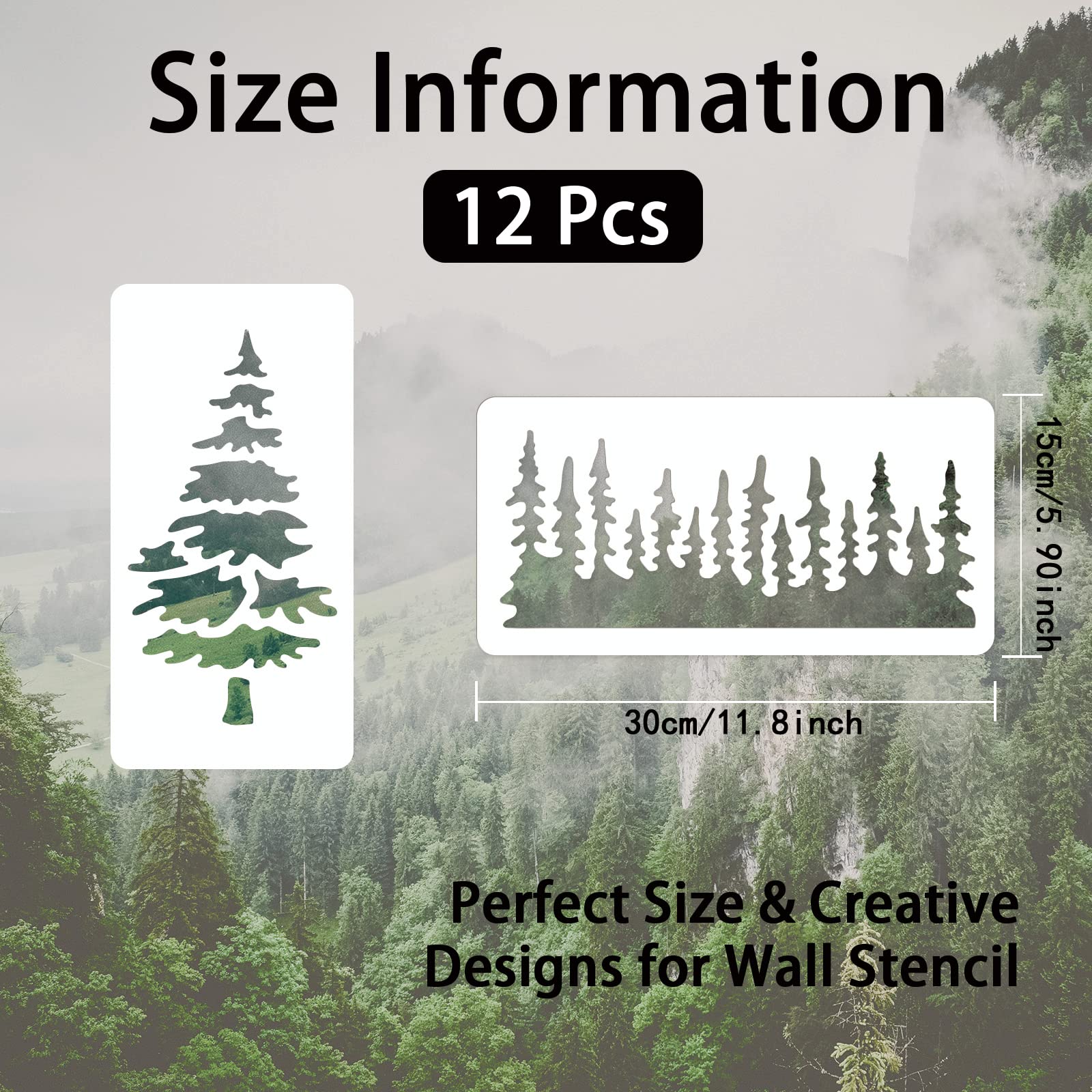 INFUNLY 12PCS Tree Stencil for Painting Pine Tree Stencils 11.8x5.9inches Reusable Painting Template Wall Sencils for Painting on Wood Forest Stencils for Painting on Wall Furniture Christmas Decor