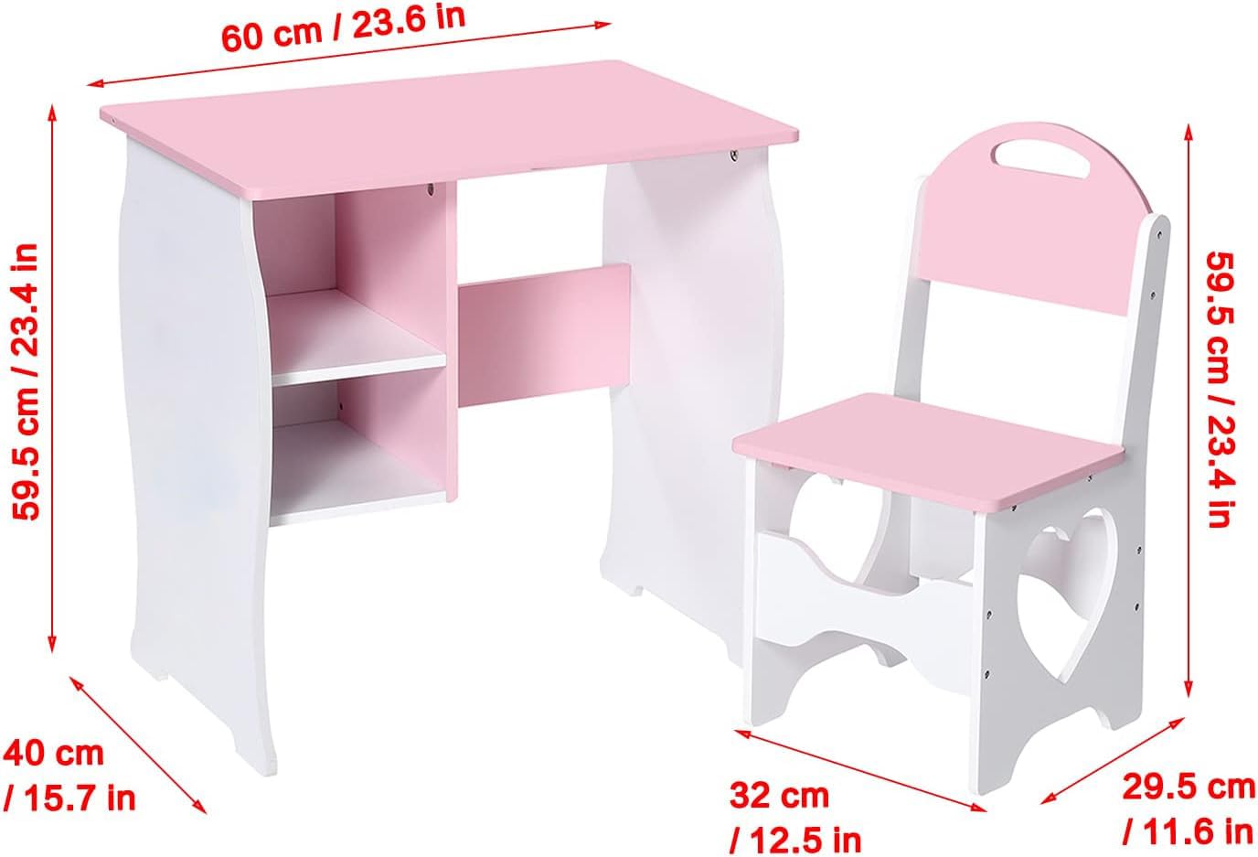 ocinone Kids Desk and Chair Set, Children Study Desk with Storage Shelf, Wooden School Study Table, Writing Table for Home School Use(pink white)