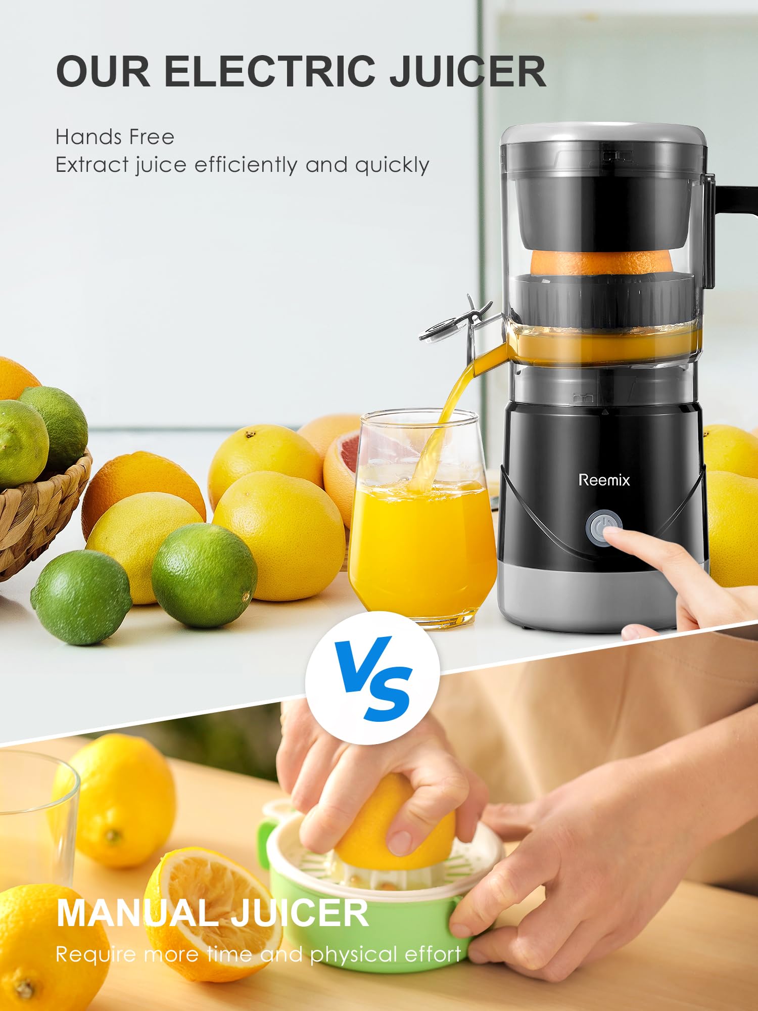 lectric Citrus Juicer, Reemix Full-Automatic Orange Juicer Squeezer for Orange, Lemon, Grapefruit, Citrus Juicer with Cleaning Brush, Easy to Clean and Use (Black)