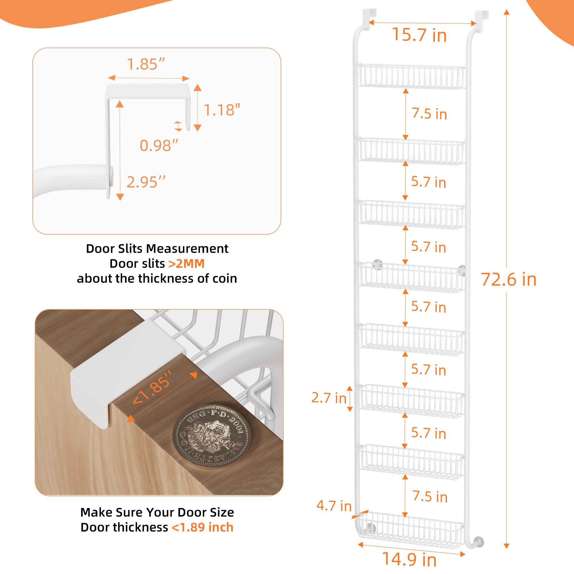 TIMEBAL Over the Door Pantry Organizer, 8-Tier Metal Hanging Rack with 8 Large Baskets, Rust Resistant, White