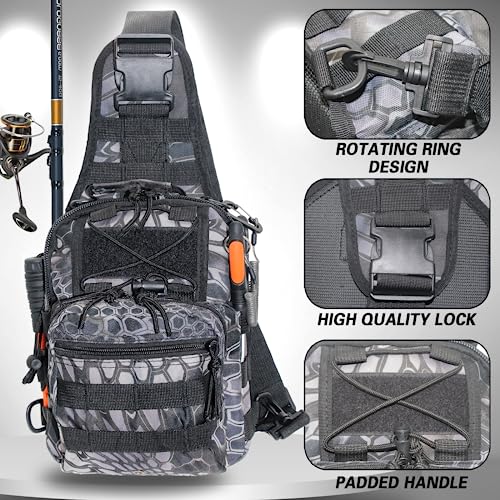 DEILAI Fishing Backpack Tackle Bag with Rod Holder Waterproof Gear Sling Backpack Fishing Storage Backpack Shoulder Bag Fishing Gift for Men and Women for Fishing,Hiking,Travel,Hunting,Black