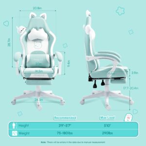 Dowinx Gaming Chair Cute with Cat Ears and Massage Lumbar Support, Ergonomic Computer Chair for Girl with Footrest and Headrest, Comfortable Reclining Game Chair 290lbs for Adult, Teen, Blue Green