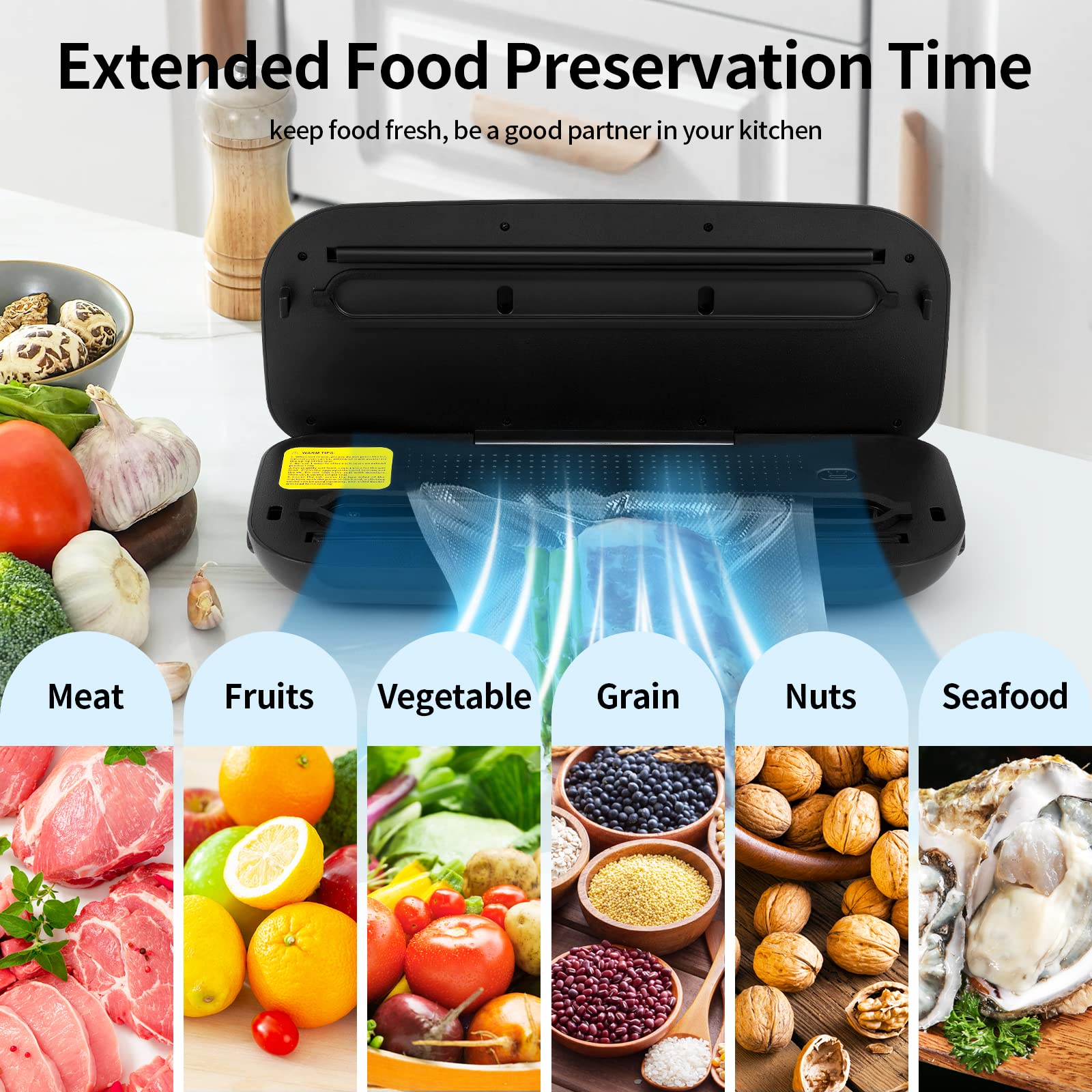 Vacuum Sealer Machine, Automatic Air Vacuum Sealer with Built-in Cutter and LED Display Screen, Food Storage Dry/Moist Modes with 10 Seal Bags & 1 Air Suction Hose (Black)