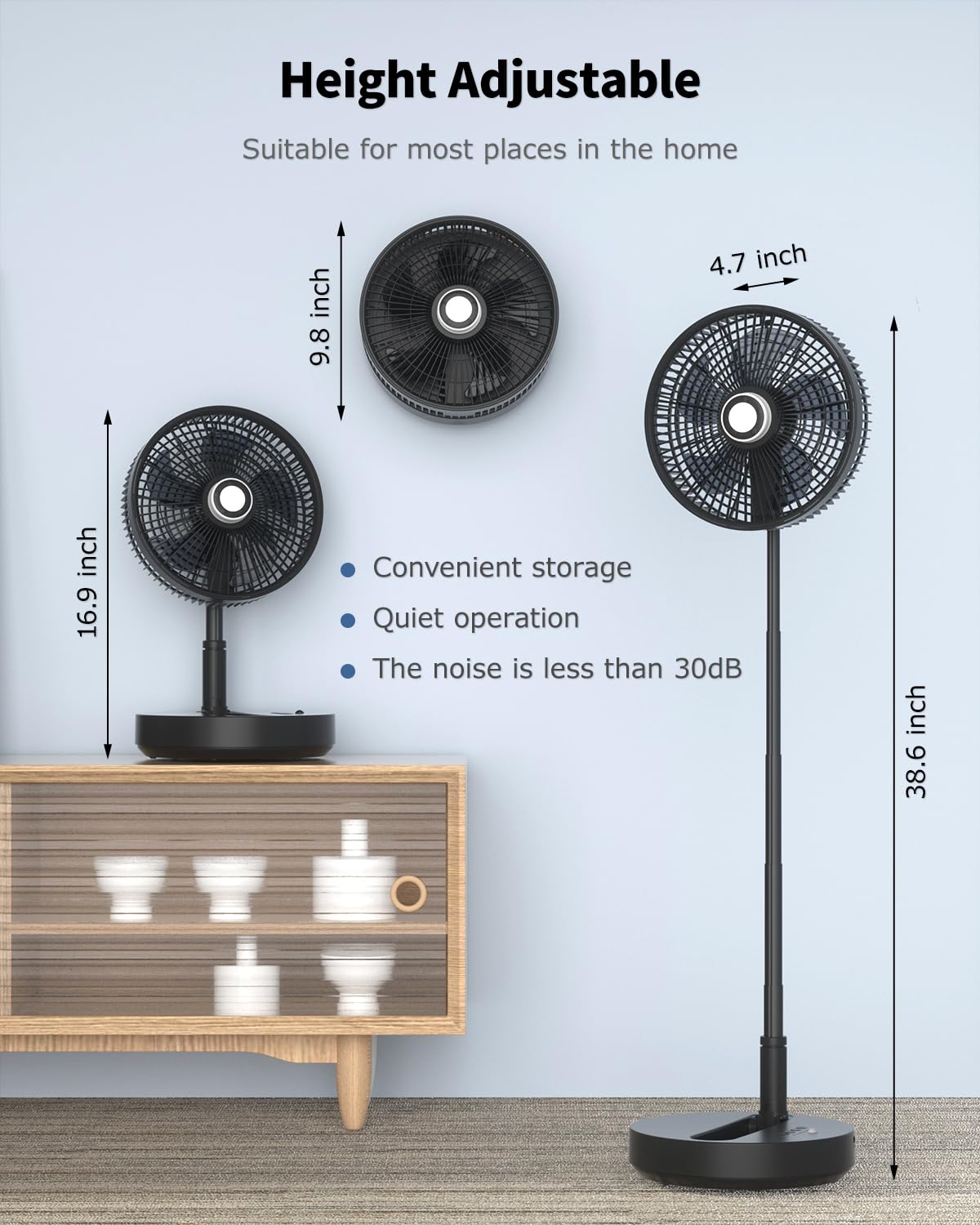 ICEBIRDS Portable Oscillating Standing Fan, 10" Foldaway Desk Fan, 10800mah Rechargeable Quiet Height Adjustable Floor Fan, 50H Working Time, Pedestal Fans for Indoor, Outdoor Camping