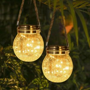 hanging solar lights outdoor waterproof-outdoor lantern - 2 pack glass lanterns decorative for outdoor porch,patio,garden,table decor(warm light)